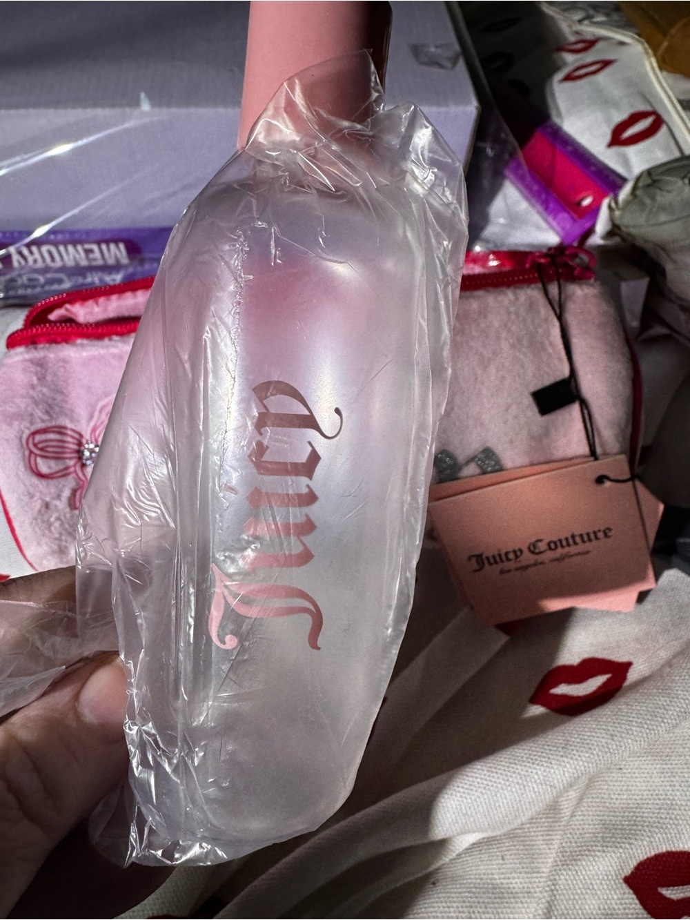 Juicy Couture Pink Plush Cosmetic Pouch with Heart Charm includes travel bottle - Picture 6 of 10